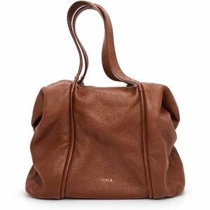 Furla Brown Pebbled Leather Shoulder Bag Large Satchel Tote Italy w/ Dust Bag